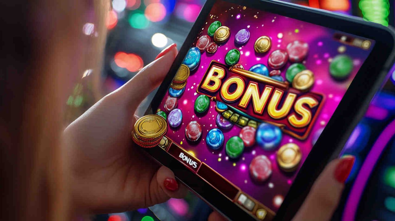 Mesin slot berwarna cerah menampilkan berbagai simbol dan peluang jackpot yang menggoda